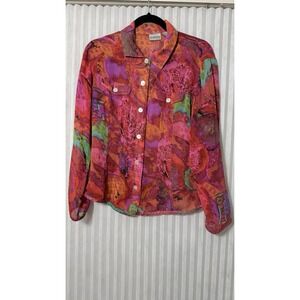 Chico's 100% Silk Shirt Sz 1 Asian Chinese Characters Vibrant Multicolor Blouse